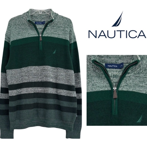 Nautica Quarter Zip Sweater Luxury Knit Colorblock Stripe Green Gray Men Size XL - Picture 1 of 16